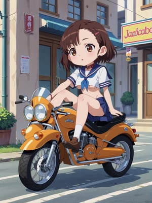 1girl, score_9, score_8_up, score_7_up, masterpiece, absurdres, brunette, brown eyes, shoulder-length_hair, hair behind ear, asymmetrical bangs, collar, sailor collar, school uniform, loincloth, under_boob, chibi, riding a motorbike, vespa, full body shot, in the street, anime screencap, score_anime