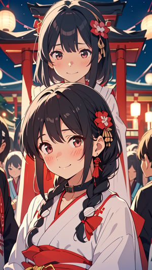 masterpiece, best quality, super detail, Shrine Maiden costume, shrine_maiden, miko, embarrassing, (embarrassed smile), blush, detailed face, detailed eyes, black hair, braided_hair, collar, (at the Shrine), (in front of crowd), bokeh, looking at viewer