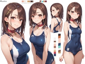 1girl, score_9, score_8_up, score_7_up, masterpiece, absurdres, brunette, brown eyes, shoulder-length_hair, hair behind ear, asymmetrical bangs, collar, school_swimsuit, embarrassed smile, character sheet