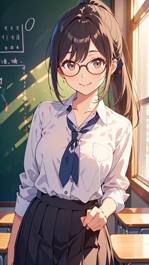 (masterpiece, best quality), young female, detailed face, detailed eyes, black hair, ponytail, brown eyes, glasses, smile, mouth open, school uniform, learning against the blackboard, in front of the blackboard, school classroom, cowboy shot, bokeh