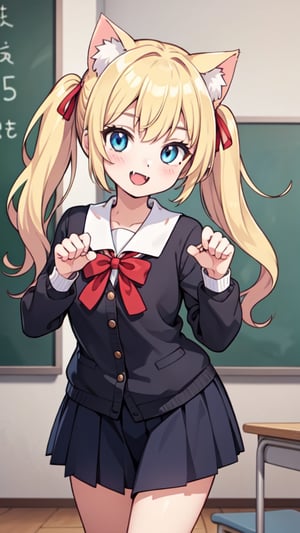 (masterpiece, best quality), 1girl, detailed face, detailed eyes, blonde hair, long twintail with red ribbon, blue eyes, smile, mouth open, cute fangs, cat ears, school uniform, standing, in front of the blackboard, school classroom, fore_paws, paw pose