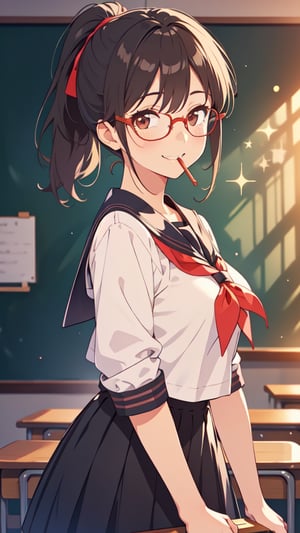 (masterpiece, best quality), young female, detailed face, detailed eyes, black hair, ponytail, brown eyes, glasses, smile, mouth open, sailor costume, learning forward, in front of the blackboard, school classroom, cowboy shot, bokeh