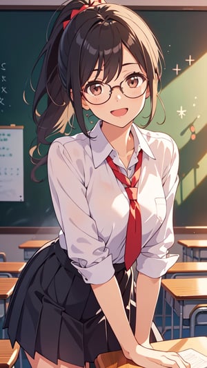 (masterpiece, best quality), young female, detailed face, detailed eyes, black hair, ponytail, brown eyes, glasses, smile, open mouth, school uniform, leaning forward, in front of the blackboard, school classroom, cowboy shot, bokeh