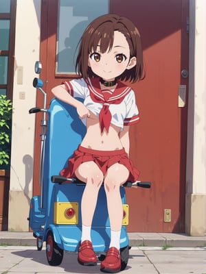 1girl, score_9, score_8_up, score_7_up, masterpiece, absurdres, brunette, brown eyes, shoulder-length_hair, hair behind ear, asymmetrical bangs, smile, looking at viewer, collar, sailor collar, school uniform, loincloth, under_boob, chibi, riding a scooter, full body shot, in the street, anime screencap, score_anime