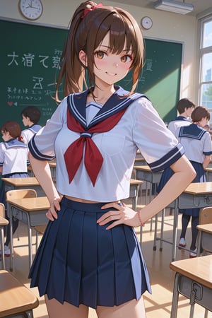 1girl, score_9, score_8_up, score_7_up, masterpiece, absurdres, 1girl, brown hair, ponytail, sailor collar, school uniform, standing, open stance, hands on hip, embarrassed smile, at classroom, in front of blackboard, in front of crowd, view from front, bokeh