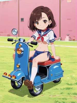 1girl, score_9, score_8_up, score_7_up, masterpiece, absurdres, brunette, brown eyes, shoulder-length_hair, hair behind ear, asymmetrical bangs, smile, looking at viewer, collar, sailor collar, school uniform, loincloth, under_boob, chibi, riding a scooter, vespa, full body shot, in the street, anime screencap, score_anime