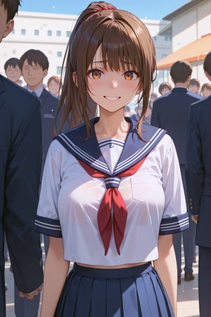 1girl, score_9, score_8_up, score_7_up, masterpiece, absurdres, 1girl, brown hair, ponytail, sailor collar, school uniform, standing, embarrassed smile, at school, in front of school gate, in front of crowd, view from front, bokeh