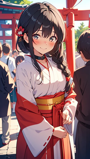 masterpiece, best quality, super detail, 1girl, Shrine Maiden costume, shrine_maiden, miko, embarrassing, (embarrassed smile), blush, detailed face, detailed eyes, black hair, braided_hair, collar, (at the Shrine), (in front of crowd), bokeh, looking at viewer