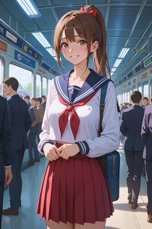 1girl, score_9, score_8_up, score_7_up, masterpiece, absurdres, 1girl, brown hair, ponytail, sailor collar, school uniform, standing, embarrassed smile, on the train, in front of crowd, view from front, bokeh