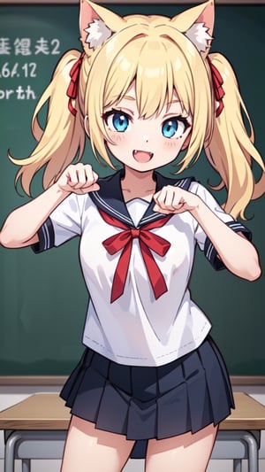 (masterpiece, best quality), 1girl, detailed face, detailed eyes, blonde hair, long twintail with red ribbon, blue eyes, smile, cute fangs, mouth open, cat ears, school uniform, standing, in front of the blackboard, school classroom, fore_paws, paw pose