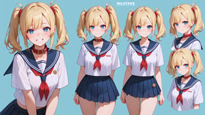 1girl, score_9, score_8_up, score_7_up, masterpiece, absurdres, blonde hair, blue eyes, twintail, collar, sailor_collar, micro mini skirt, embarrassed smile, character sheet