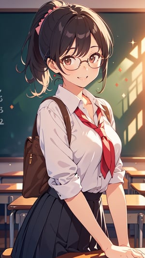 (masterpiece, best quality), young female, detailed face, detailed eyes, black hair, ponytail, brown eyes, glasses, smile, mouth open, school uniform, learning forward, in front of the blackboard, school classroom, cowboy shot, bokeh