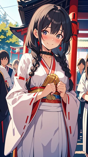 masterpiece, best quality, super detail, Shrine Maiden costume, shrine_maiden, miko, embarrassing, (embarrassed smile), blush, detailed face, detailed eyes, black hair, braided_hair, collar, (at the Shrine), (in front of crowd), bokeh, looking at viewer