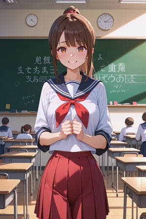 1girl, score_9, score_8_up, score_7_up, masterpiece, absurdres, 1girl, brown hair, ponytail, sailor collar, school uniform, standing, embarrassed smile, at classroom, in front of blackboard, in front of crowd, view from front, bokeh