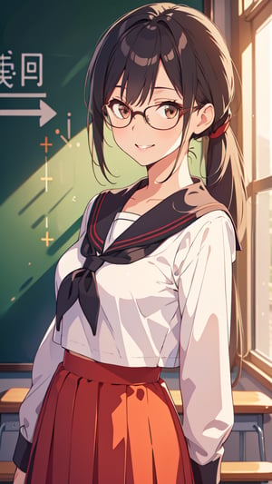 (masterpiece, best quality), young female, detailed face, detailed eyes, black hair, ponytail, brown eyes, glasses, smile, mouth open, sailor costume, learning against the blackboard, in front of the blackboard, school classroom, cowboy shot, bokeh