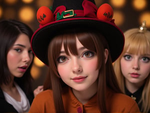 masterpiece, best quality, Photorealistic, realistic, photograph, Girls in Halloween costumes, Halloween party, beautiful Japanese female, detailed eyes, embarrassed smile, bokeh