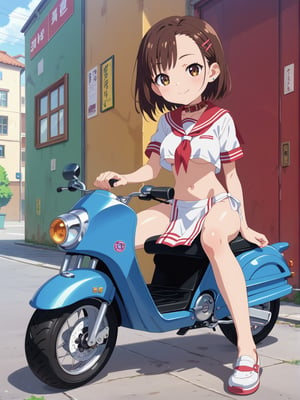 1girl, score_9, score_8_up, score_7_up, masterpiece, absurdres, brunette, brown eyes, shoulder-length_hair, hair behind ear, asymmetrical bangs, smile, looking at viewer, collar, sailor collar, school uniform, loincloth, under_boob, chibi, riding a scooter, super cub\(motorbike\), full body shot, in the street, anime screencap, score_anime