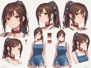 1girl, score_9, score_8_up, score_7_up, masterpiece, absurdres, brunette, brown eyes, ponytail, collar, casual outfit, embarrassed smile, character sheet