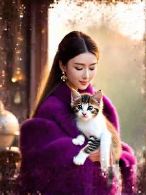 realistic, best quality, masterpiece, young woman holding a kitten, portrait, bokeh, wonder beauty