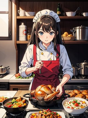 girl, cooking, roasted turkey, masterpiece, best quality, super detail