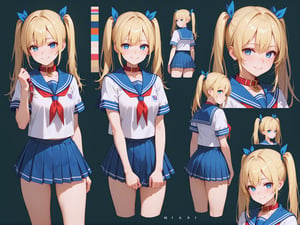 1girl, score_9, score_8_up, score_7_up, masterpiece, absurdres, blonde hair, blue eyes, twintail, collar, sailor_collar, micro mini skirt, embarrassed smile, character sheet