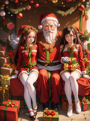 (masterpiece), (best quality), (ultra-detailed), ((Santa Claus with cute girls attending him:1.5)), (Memes of Santa), (((Santa's sleigh:1.5))), (((sad santa claus))), overexposure, bokeh