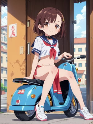 1girl, score_9, score_8_up, score_7_up, masterpiece, absurdres, brunette, brown eyes, shoulder-length_hair, hair behind ear, asymmetrical bangs, smile, looking at viewer, collar, sailor collar, school uniform, loincloth, under_boob, chibi, riding a scooter, super cub\(motorbike\), full body shot, in the street, anime screencap, score_anime