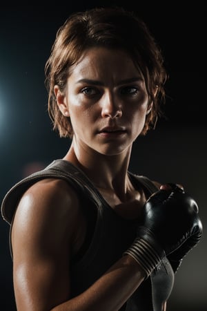 ((photographer)), (detailed face: 1.2), Best quality, masterpiece, serious, ultra-high resolution, (photorealistic: 1.2), (best quality)), ((masterpiece)), 1 woman bareknuckle fighter, hands wrapped, battlefield, dirty and torn combat clothing, short hair, painful realistic expression, photorealistic, appropriately dressed, full image, full body hyper-realistic, camera glare, film grains, uncompressed UHD 8K format, cinematic lights, cinematic colors, bokeh camera blur, Realism