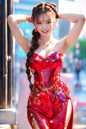 masterpiece, best quality, 1girl, raw photo, photorealistic, highres, Taiwanese top teenage model, light smile,  long drill hair, buns, brown hair, braids, hair ornament, medium breasts, shiny skin, pastel see through Thai traditional dress, bare shoulders, sleeveless, wrist cuffs, idolmaster, earrings, bracelets,  heterochromia, slim body,yuzu,mecha,nagisa_tsuboi, fullbody, red stiletto, red dress, standing, sexy pose,hands behind head, both hands behind head, hands behind head, no extra fingers, perfect fingers, show stiletto, 