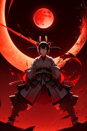  A samurai, background round blood moon, good pose, red moon, complex_background,impossible shirt, japari symbol, gold creator award