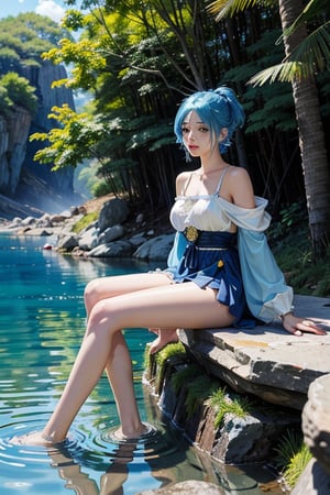 a woman with blue hair is sitting in the water, a detailed painting by Rei Kamoi, featured on pixiv, rayonism, anime, official art, anime aesthetic
