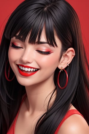 1girl,solo,black hair,jewelry,earrings,teeth,open mouth,red eyes,bangs,long hair,red lips,blunt bangs,makeup,tongue,sharp teeth,red theme,smile,closed eyes,upper body,lipstick,fangs,