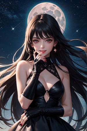 1girl,red eyes,solo,black hair,moon,long hair,looking at viewer,red nails,bare shoulders,night,gloves,sky,bangs,full moon,glowing eyes,star (sky),fingerless gloves,earrings,glowing,parted lips,upper body,jewelry,black gloves,nail polish,night sky,smile,starry sky,hand on own face,fingernails,dress,hand on own cheek,