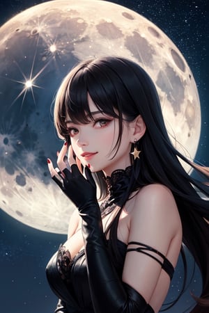 1girl,red eyes,solo,black hair,moon,long hair,looking at viewer,red nails,bare shoulders,night,gloves,sky,bangs,full moon,glowing eyes,star (sky),fingerless gloves,earrings,glowing,parted lips,upper body,jewelry,black gloves,nail polish,night sky,smile,starry sky,hand on own face,fingernails,dress,hand on own cheek,
