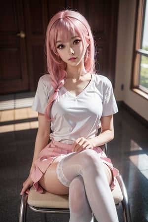 a woman with pink hair is sitting in a chair, 3 d anime realistic, hyperrealistic schoolgirl, hyper realistic anime, photorealistic anime, a hyperrealistic schoolgirl, realistic anime 3 d style, seductive anime girl, anime barbie in white stockings, smooth pink skin, zero two, anime 3 d art, 3d anime girl, 3d anime, 3 d anime