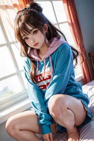 a woman sitting on top of a bed next to a window, seductive anime girl, attractive anime girl, anime girl, cute anime girl, beautiful anime girl, (anime girl), an anime girl, ilya kuvshinov. 4 k, pretty anime girl, in a hoodie, young anime girl, smooth anime cg art, beautiful anime girl squatting