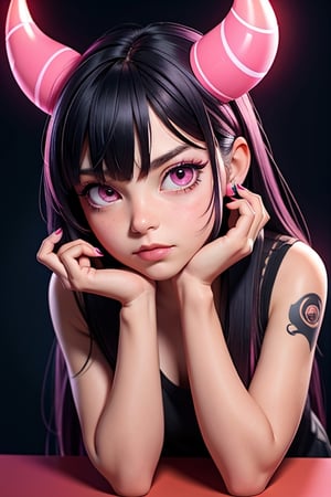 1girl,solo,horns,looking at viewer,long hair,black hair,neon lights,bangs,pink hair,tattoo,closed mouth,lips,head rest,upper body,facial mark,pink eyes,