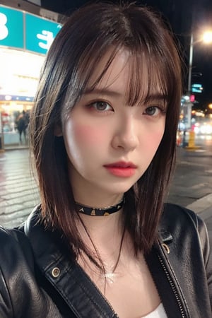 masterpiece, best quality, 8k, 4k, high resolution, intricate details, high details, 1girl, realistic skin texture, short bobcut hairstyle, red hair, perfect eyes, pale blue eyes, strong eyeliner, cleft chin, full lips, (athletic body), wearing a leather jacket with studs, choker with studs, cyberpunk city, neon lights, rain, wet hair, wet skin, ambient particles, bokeh effect, cinematic lightning, by Studio Ghibli, by Artgerm, by Greg Rutkowsi,nagisa_tsuboi