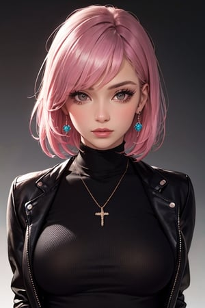 1girl,solo,jewelry,earrings,pink hair,jacket,necklace,looking at viewer,piercing,short hair,tattoo,upper body,black jacket,turtleneck,nose,grey eyes,realistic,purple hair,bangs,ear piercing,makeup,open clothes,gradient,open jacket,eyelashes,multicolored hair,gradient background,lips,closed mouth,shirt,mascara,breasts,simple background,