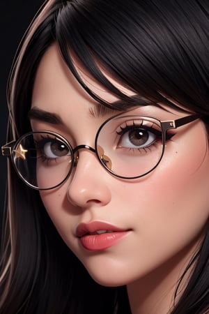 1girl,solo,black hair,tinted eyewear,looking at viewer,mole,sunglasses,star (symbol),round eyewear,close-up,bangs,glasses,portrait,red lips,lips,black eyes,parted lips,long hair,eye focus,eyelashes,