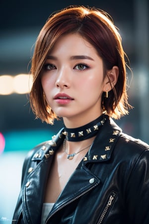 masterpiece, best quality, 8k, 4k, high resolution, intricate details, high details, 1girl, realistic skin texture, short bobcut hairstyle, red hair, perfect eyes, pale blue eyes, strong eyeliner, cleft chin, full lips, (athletic body), wearing a leather jacket with studs, choker with studs, cyberpunk city, neon lights, rain, wet hair, wet skin, ambient particles, bokeh effect, cinematic lightning, by Studio Ghibli, by Artgerm, by Greg Rutkowsi,nagisa_tsuboi