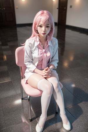 a woman with pink hair is sitting in a chair, 3 d anime realistic, hyperrealistic schoolgirl, hyper realistic anime, photorealistic anime, a hyperrealistic schoolgirl, realistic anime 3 d style, seductive anime girl, anime barbie in white stockings, smooth pink skin, zero two, anime 3 d art, 3d anime girl, 3d anime, 3 d anime