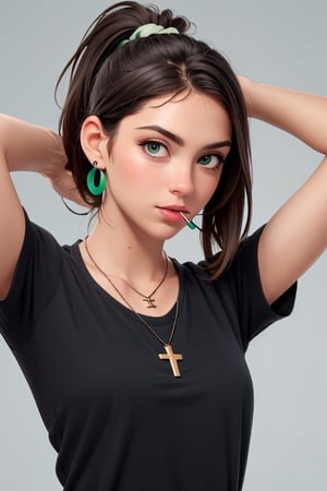 solo,jewelry,necklace,earrings,mouth hold,shirt,1girl,black shirt,tying hair,long hair,brown hair,ponytail,cross,realistic,hair tie in mouth,upper body,adjusting hair,green eyes,arms up,grey background,lips,simple background,hair tie,