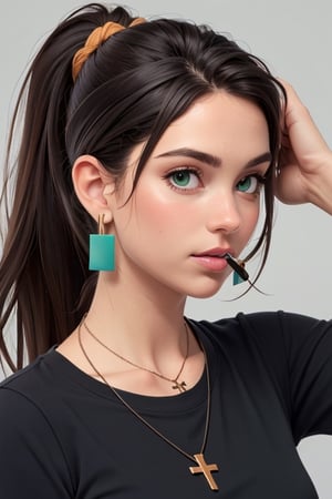 solo,jewelry,necklace,earrings,mouth hold,shirt,1girl,black shirt,tying hair,long hair,brown hair,ponytail,cross,realistic,hair tie in mouth,upper body,adjusting hair,green eyes,arms up,grey background,lips,simple background,hair tie,