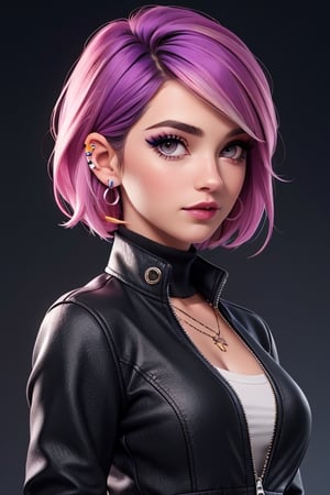 1girl,solo,jewelry,earrings,pink hair,jacket,necklace,looking at viewer,piercing,short hair,tattoo,upper body,black jacket,turtleneck,nose,grey eyes,realistic,purple hair,bangs,ear piercing,makeup,open clothes,gradient,open jacket,eyelashes,multicolored hair,gradient background,lips,closed mouth,shirt,mascara,breasts,simple background,CARTOON_X_MENs_Rogue