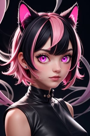 1girl,animal ears,solo,black hair,glowing,glowing eyes,animal ear fluff,multicolored hair,bangs,looking at viewer,smoke,cat ears,pink eyes,slit pupils,portrait,colored inner hair,pink hair,short hair,