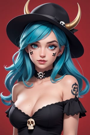1girl,solo,horns,long hair,breasts,parted lips,looking at viewer,tattoo,upper body,red background,collarbone,blue eyes,bare shoulders,aqua hair,hair over breasts,small breasts,skull and crossbones,skull,hair censor,facial mark,lips,hat,aqua eyes,off shoulder,multicolored hair,blue hair,