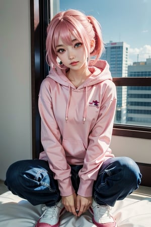 a woman sitting on top of a bed next to a window, seductive anime girl, attractive anime girl, anime girl, cute anime girl, beautiful anime girl, (anime girl), an anime girl, ilya kuvshinov. 4 k, pretty anime girl, in a hoodie, young anime girl, smooth anime cg art, beautiful anime girl squatting