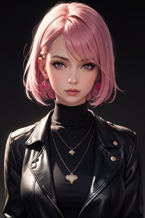 1girl,solo,jewelry,earrings,pink hair,jacket,necklace,looking at viewer,piercing,short hair,tattoo,upper body,black jacket,turtleneck,nose,grey eyes,realistic,purple hair,bangs,ear piercing,makeup,open clothes,gradient,open jacket,eyelashes,multicolored hair,gradient background,lips,closed mouth,shirt,mascara,breasts,simple background,