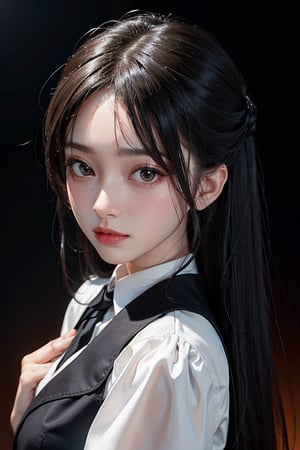 a woman in a white shirt and black skirt, a character portrait by Muqi, trending on pixiv, dau-al-set, official art, dark and mysterious, shiny eyes